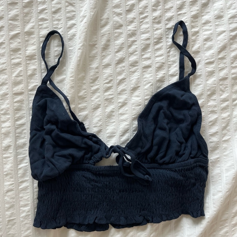 Garage Navy Blue Smocked Crop Top